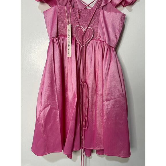 For Love & Lemons Lala Lace Up Mini Dress Pink Taffeta Small NWT Heart Detail - Picture 10 of 13